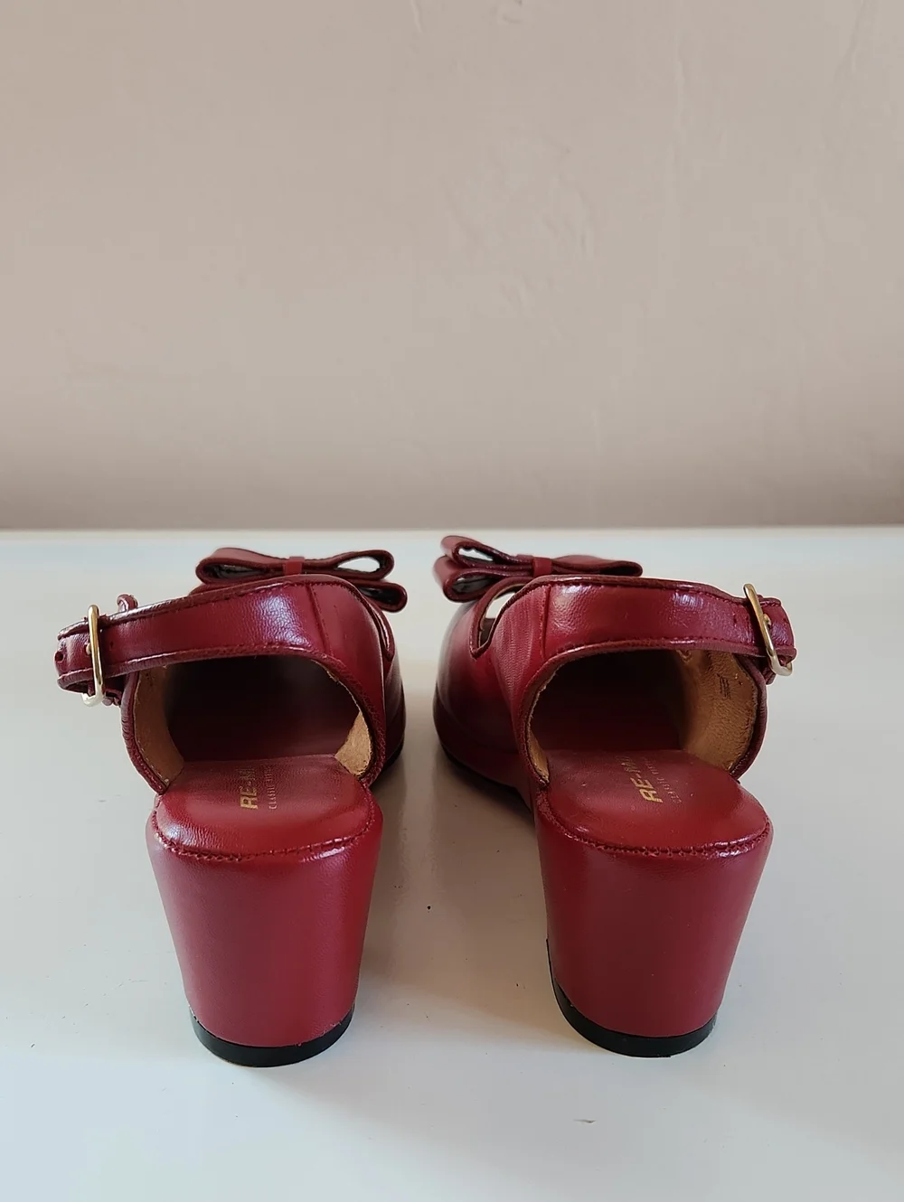 Re-mix Classic Vintage Gloria Red Leather Slingback Wedge  Heels with Bow Size 7